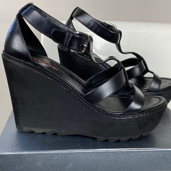 Prada Black Wedge Sandals Sz 38 - Picture 4 of 8